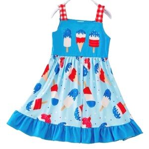 Girls Patriotic Ice Cream & Popsicle Print Sundress - Blue & Red - Summer - July